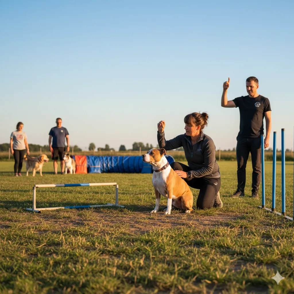 Un proprietario e il suo cane si guardano con intesa durante una sessione di educazione a Roma.